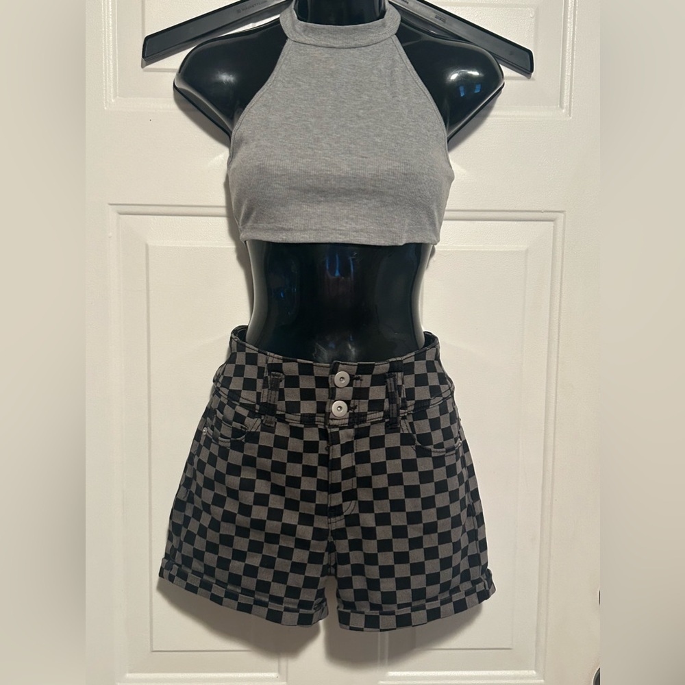No Boundaries‎ Checkerboard Denim Shorts Juniors Size 5 with Halter Crop Top